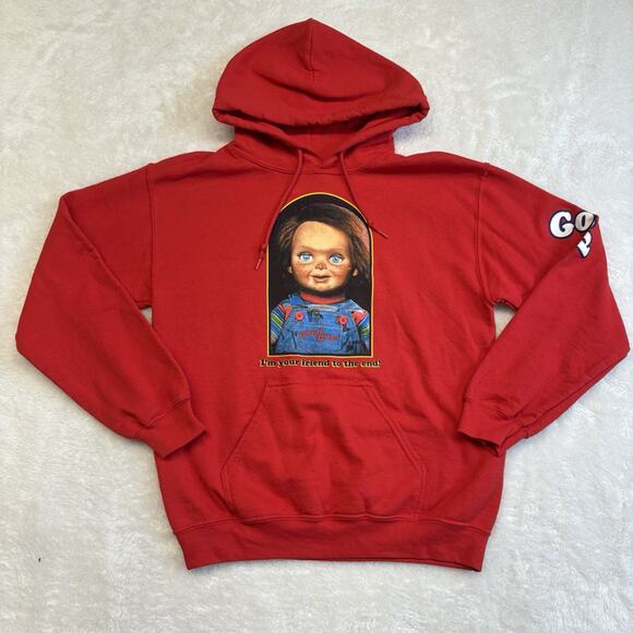 Child's Play - CHUCKY - I’m Your Friend To The End Good Guys Red Hoodie Size S - Picture 1 of 10